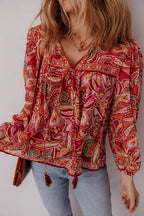 Quinn Paisley Tassel Tie Puff Sleeve Boho Blouse