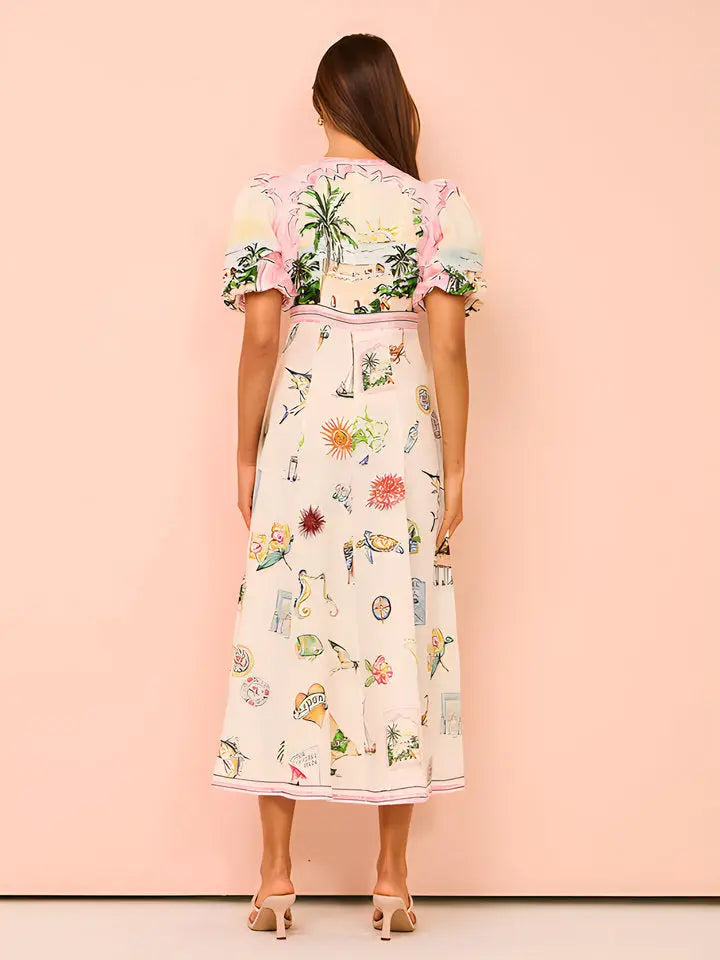 Boho Summer Maxi Dress – Vintage Print Puff Sleeve Resort Style