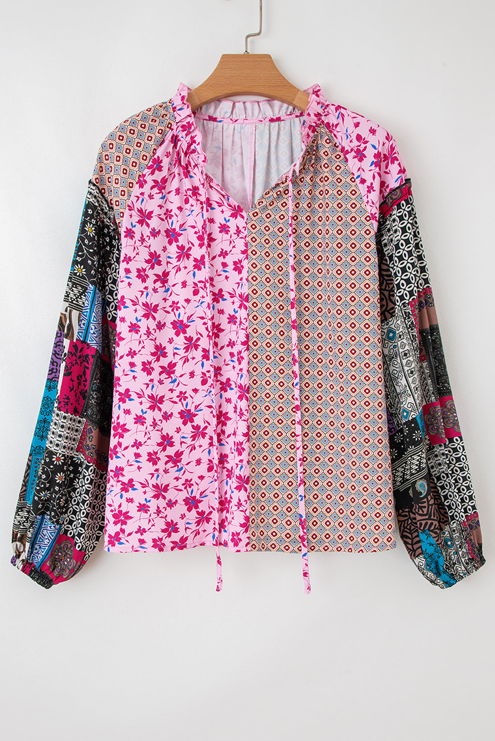 Boho Floral Patchwork Bubble Sleeve Blouse