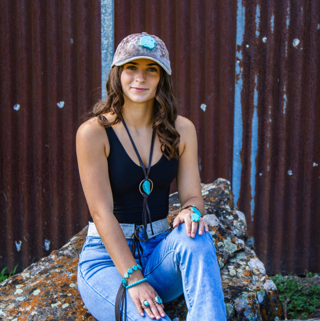 **Brown Boho Leather Necklace w/ Large Turquoise Chunky Pendant 261m