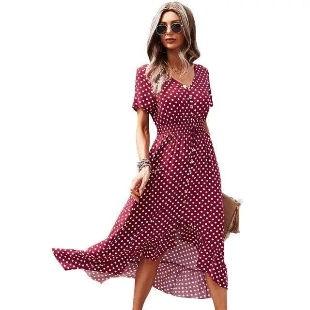 Fashion Elegant Boho Short Sleeve Polka Dot Long Dresses Women Beach Party Vintage Fashion Dresses