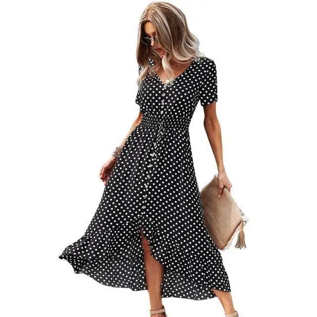 Fashion Elegant Boho Short Sleeve Polka Dot Long Dresses Women Beach Party Vintage Fashion Dresses