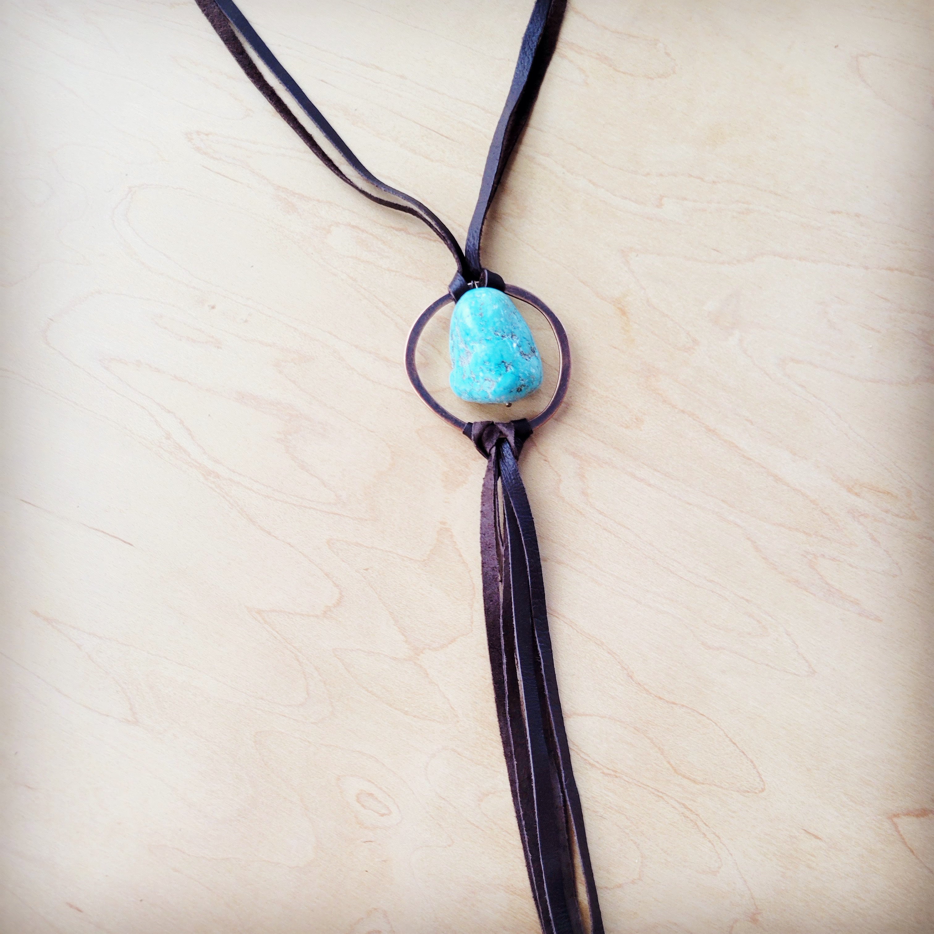 **Brown Boho Leather Necklace w/ Large Turquoise Chunky Pendant 261m