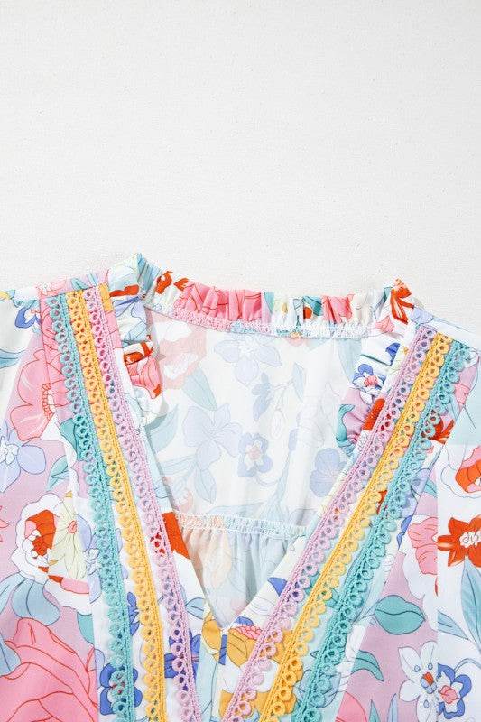 Boho Flower Print Frill Neck Puff Sleeve Blouse