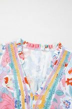 Boho Flower Print Frill Neck Puff Sleeve Blouse
