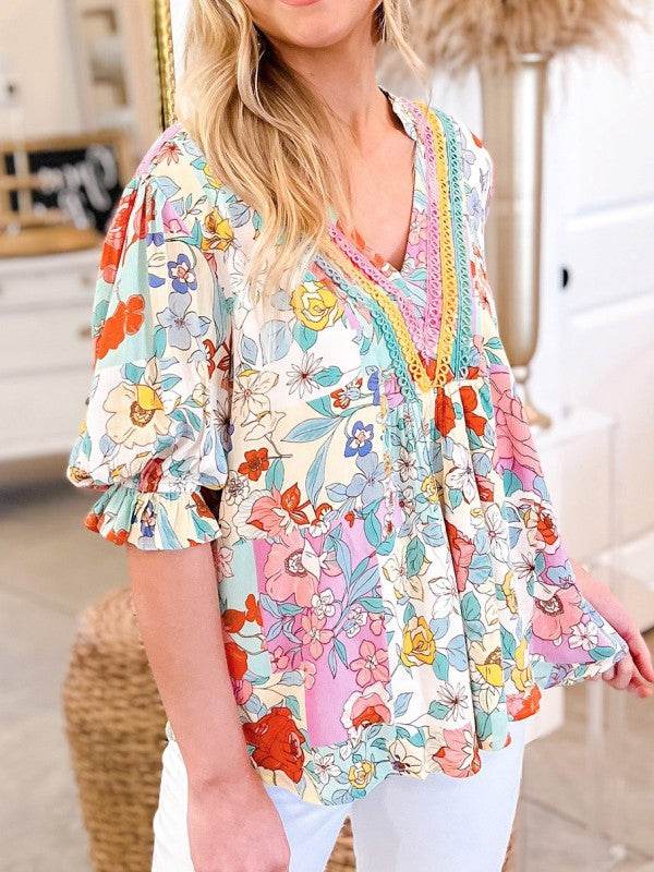 Boho Flower Print Frill Neck Puff Sleeve Blouse