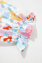 Boho Flower Print Frill Neck Puff Sleeve Blouse