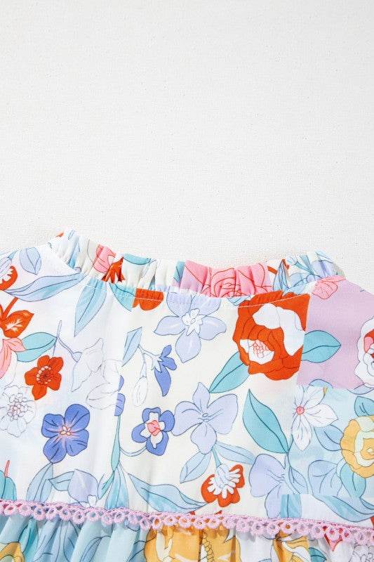 Boho Flower Print Frill Neck Puff Sleeve Blouse