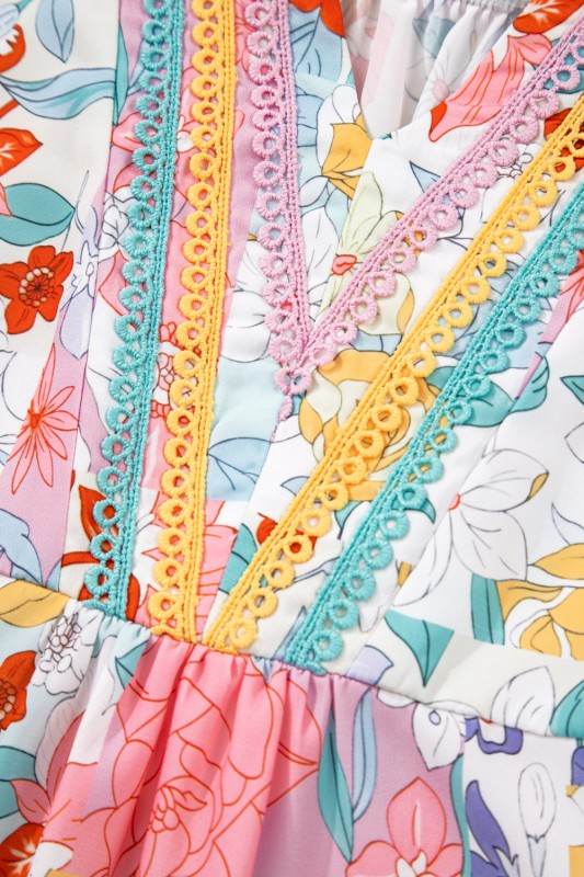 Boho Flower Print Frill Neck Puff Sleeve Blouse