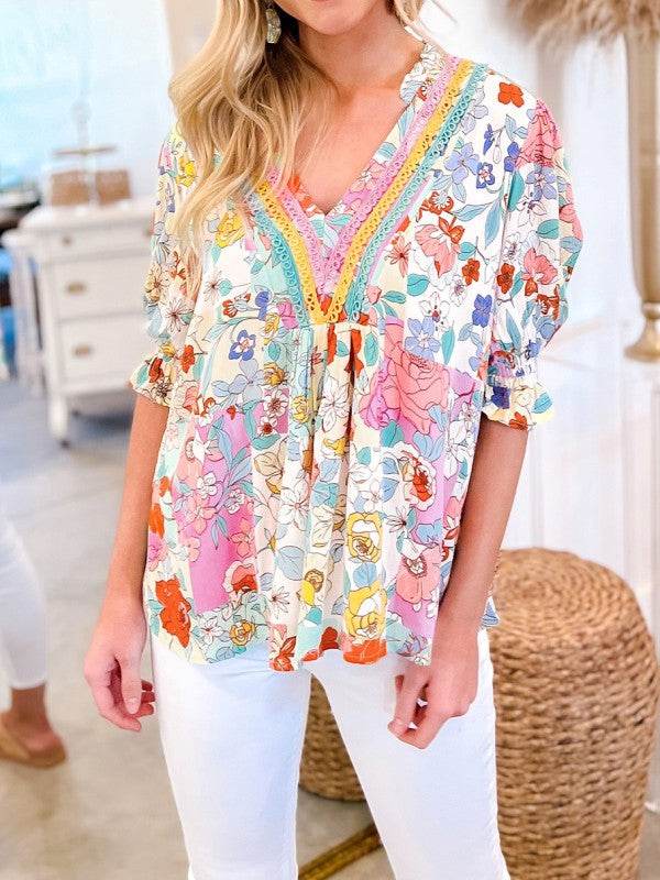 Boho Flower Print Frill Neck Puff Sleeve Blouse