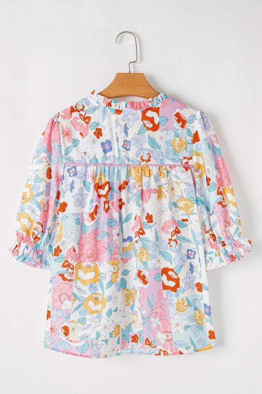 Boho Flower Print Frill Neck Puff Sleeve Blouse