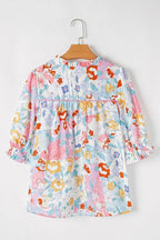 Boho Flower Print Frill Neck Puff Sleeve Blouse