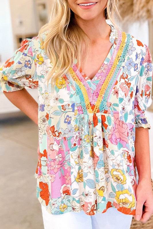 Boho Flower Print Frill Neck Puff Sleeve Blouse
