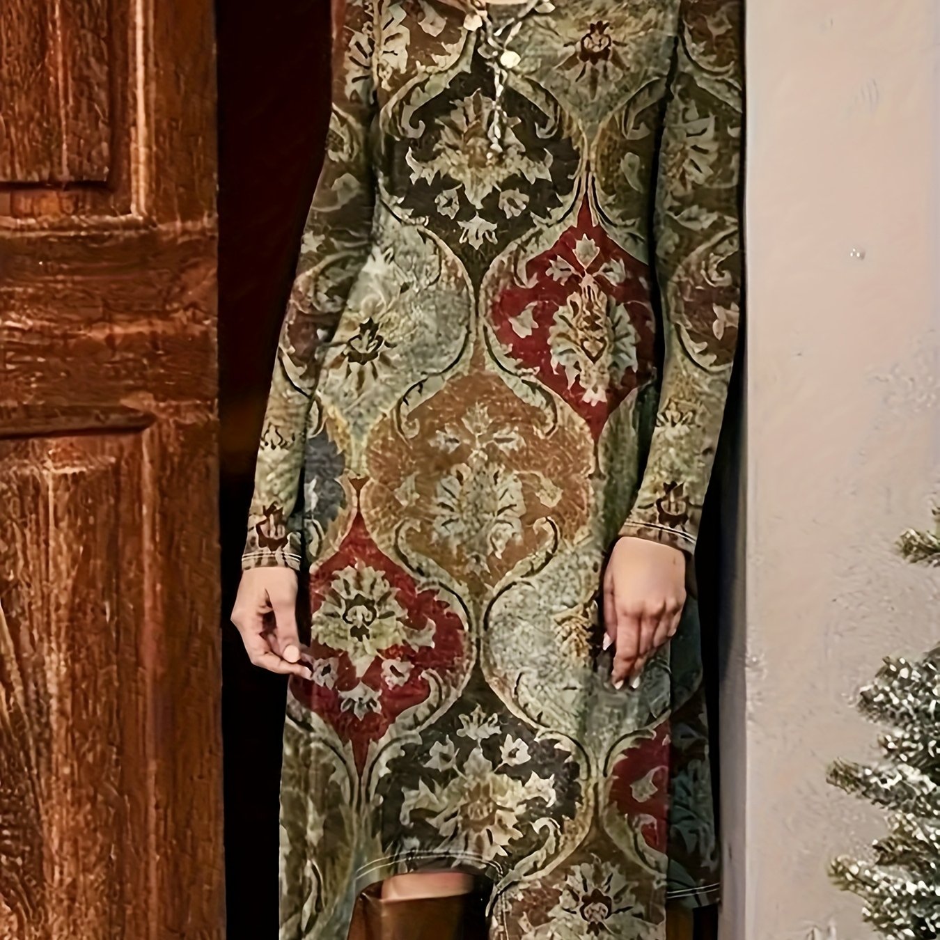 Earthy Boho Floral Print Fitted Long Sleeve Dress
