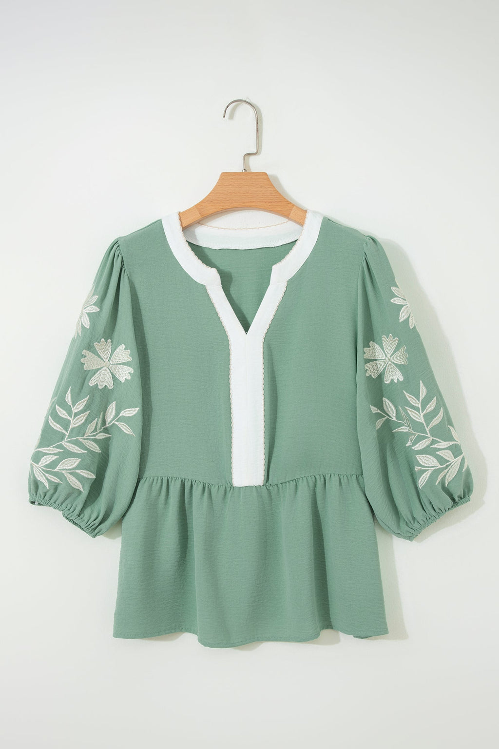 Patchwork V-Neck Embroider Puff Sleeve Babydoll Blouse