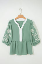 Patchwork V-Neck Embroider Puff Sleeve Babydoll Blouse