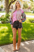 Boho Floral Patchwork Bubble Sleeve Blouse