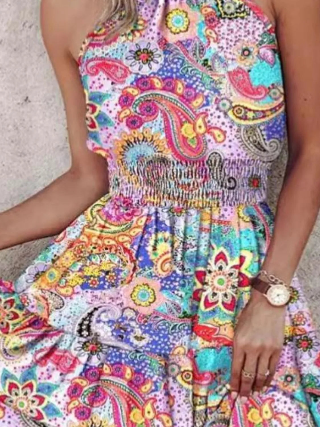 Boho Bloom Smocked Halter Mini Dress