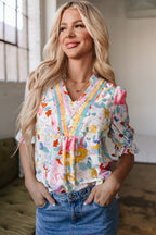 Solana Boho Flower Half Puff Sleeve Blouse