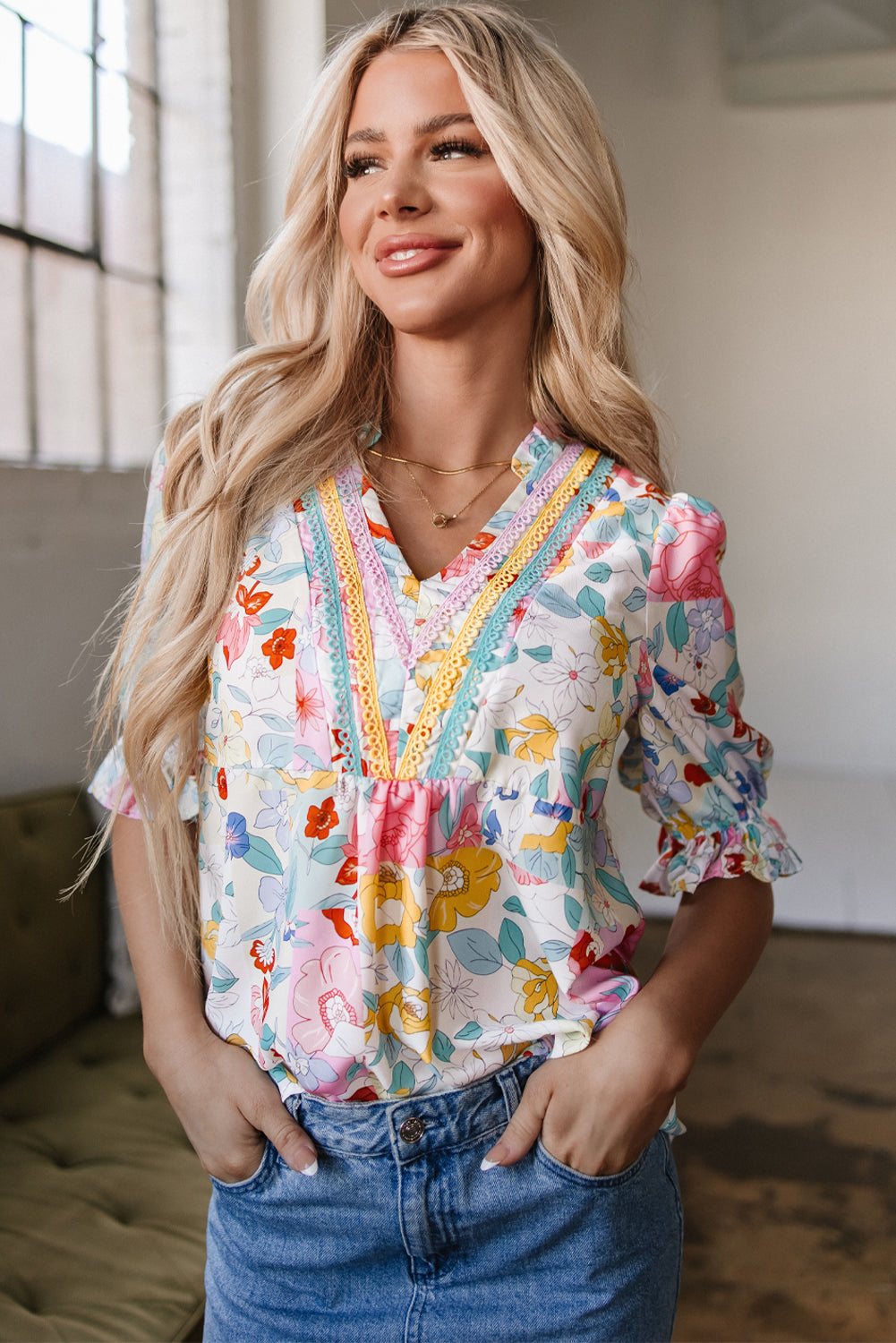 Solana Boho Flower Half Puff Sleeve Blouse