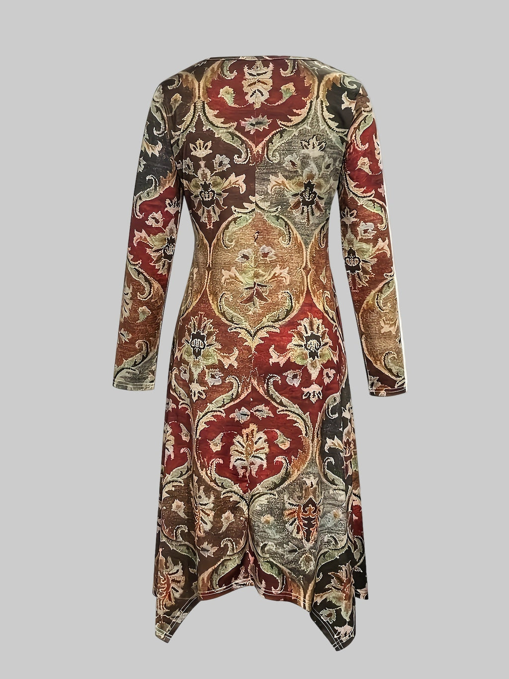 Earthy Boho Floral Print Fitted Long Sleeve Dress