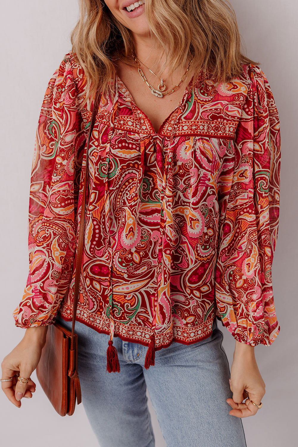 Quinn Paisley Tassel Tie Puff Sleeve Boho Blouse
