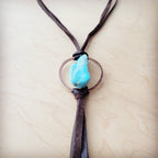 **Brown Boho Leather Necklace w/ Large Turquoise Chunky Pendant 261m