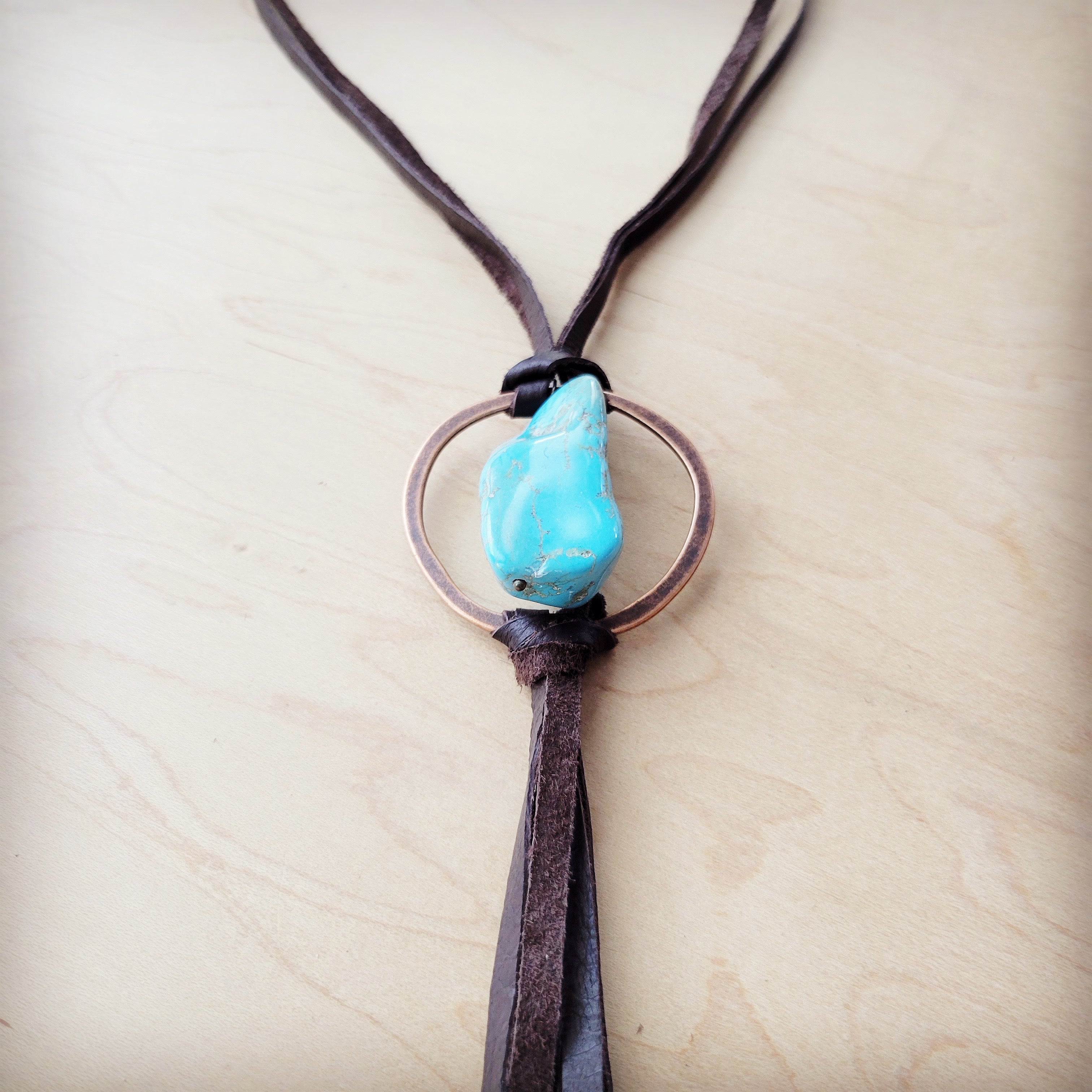 **Brown Boho Leather Necklace w/ Large Turquoise Chunky Pendant 261m
