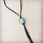 **Brown Boho Leather Necklace w/ Large Turquoise Chunky Pendant 261m