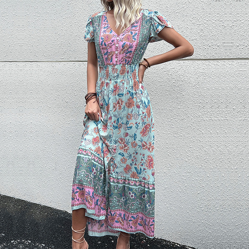 Bohemian Beach Dress Summer Rayon Viscose Ladies Fashion Flower Printed Vestidos Clothing Women Vintage Boho Floral Casual Dress