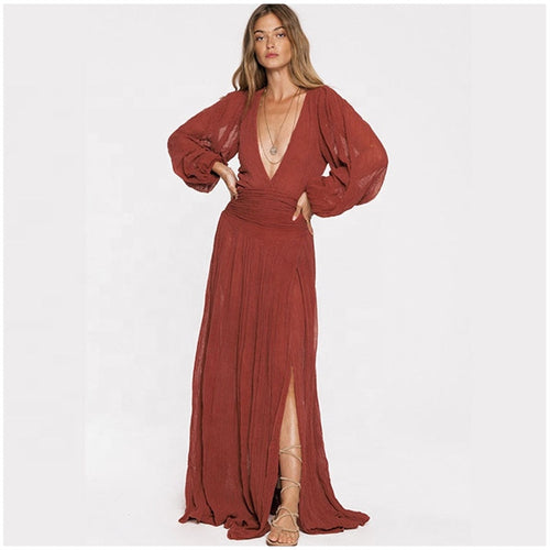 Boho Clothing Bohemian Solid Color Deep v Neck High Split Lantern Sleeve Sexy Dress