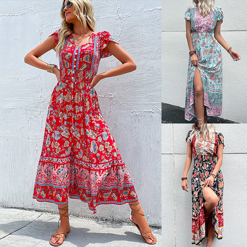 Bohemian Beach Dress Summer Rayon Viscose Ladies Fashion Flower Printed Vestidos Clothing Women Vintage Boho Floral Casual Dress