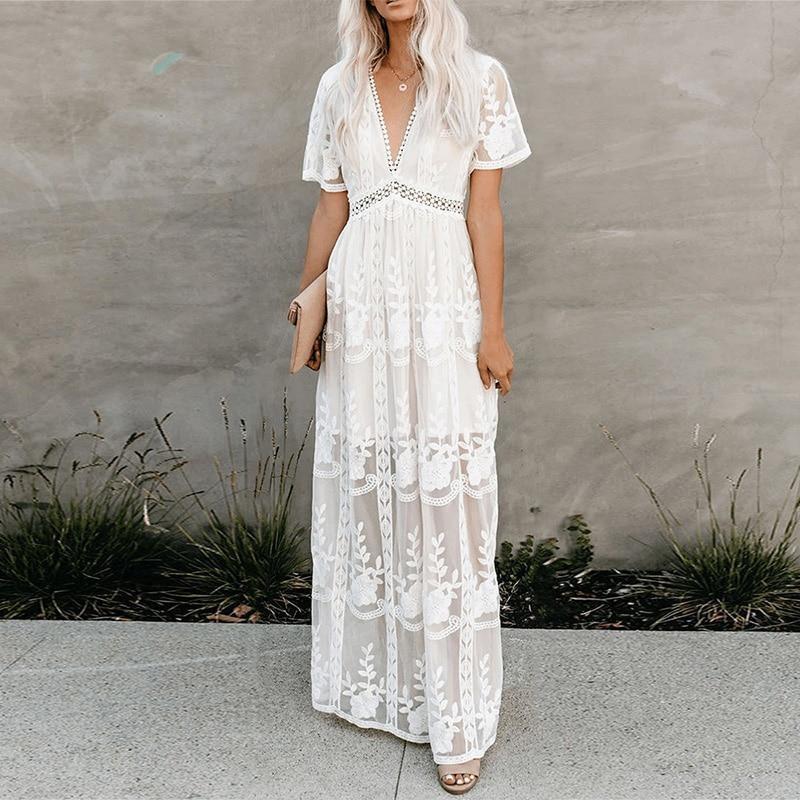 Summer Boho Women Maxi Dress Loose Embroidery White Lace Long Tunic Beach Dress Vacation Holiday Women Clothing