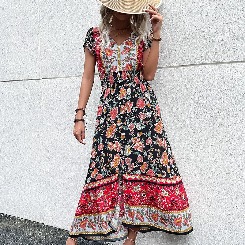 Bohemian Beach Dress Summer Rayon Viscose Ladies Fashion Flower Printed Vestidos Clothing Women Vintage Boho Floral Casual Dress