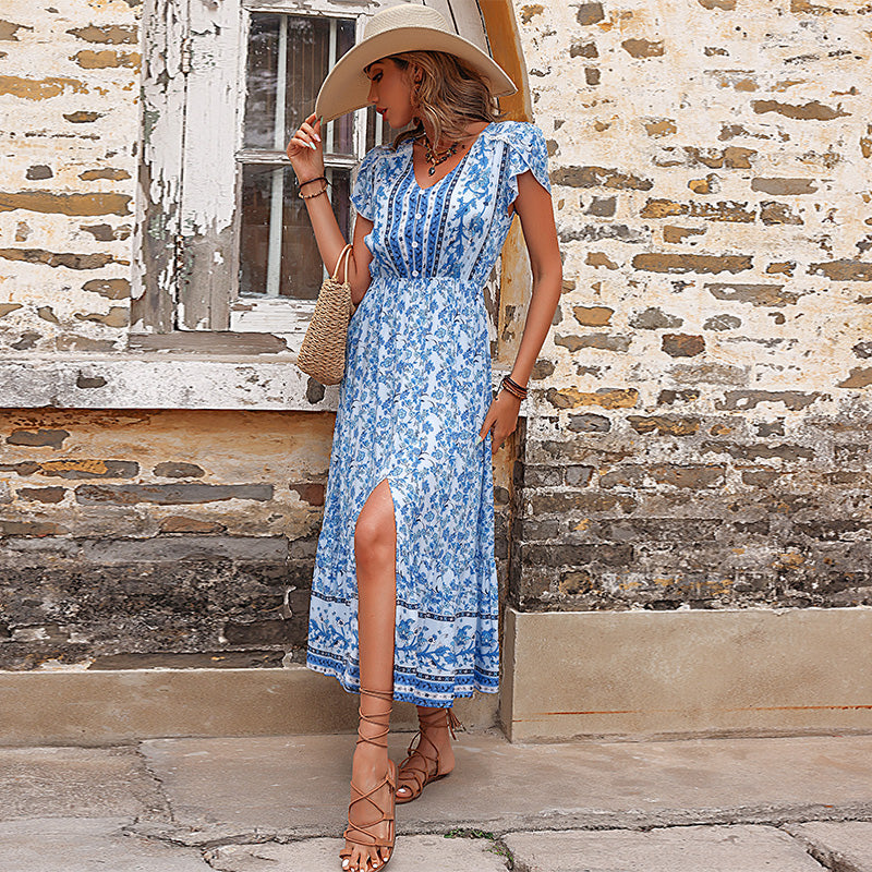 New Summer Bohemian Split Dress Plain v Neck Short Sleeve Casual Ethnic Style Clothing Loose Women Boho Dress