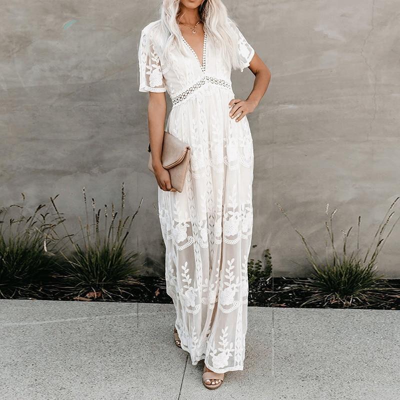 Summer Boho Women Maxi Dress Loose Embroidery White Lace Long Tunic Beach Dress Vacation Holiday Women Clothing