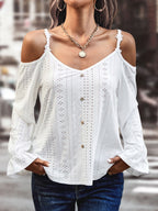 Women Clothing Spring Summer Casual Loose Lace Solid Color Shirt