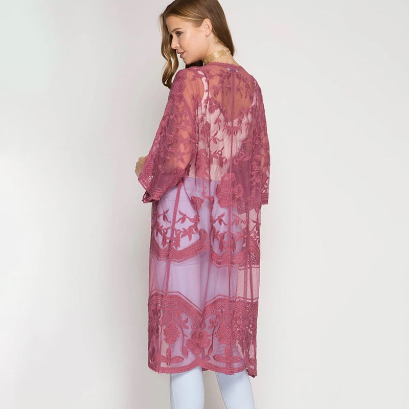 Sexy Grape Silk Embroidered Seaside Vacation Sun Protection Clothing Beach Jacket Bikini Swimsuit Outwear Cardigan for Women