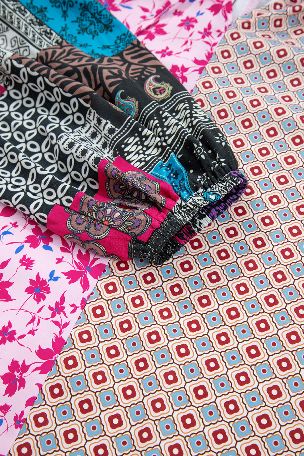 Boho Floral Patchwork Bubble Sleeve Blouse