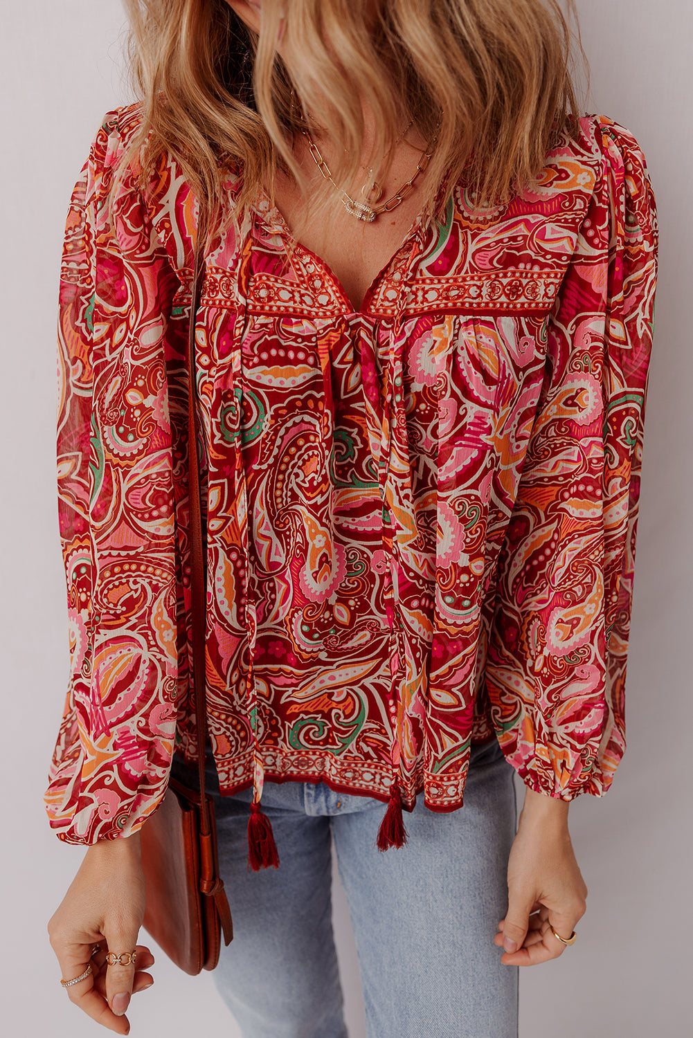 Quinn Paisley Tassel Tie Puff Sleeve Boho Blouse