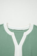 Patchwork V-Neck Embroider Puff Sleeve Babydoll Blouse