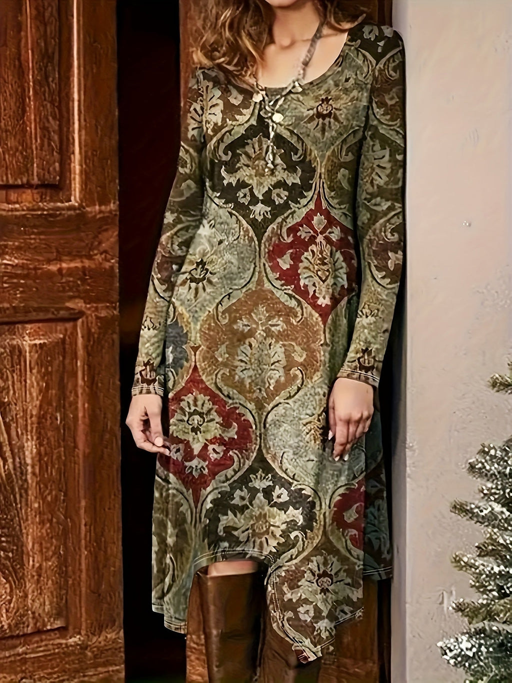 Earthy Boho Floral Print Fitted Long Sleeve Dress
