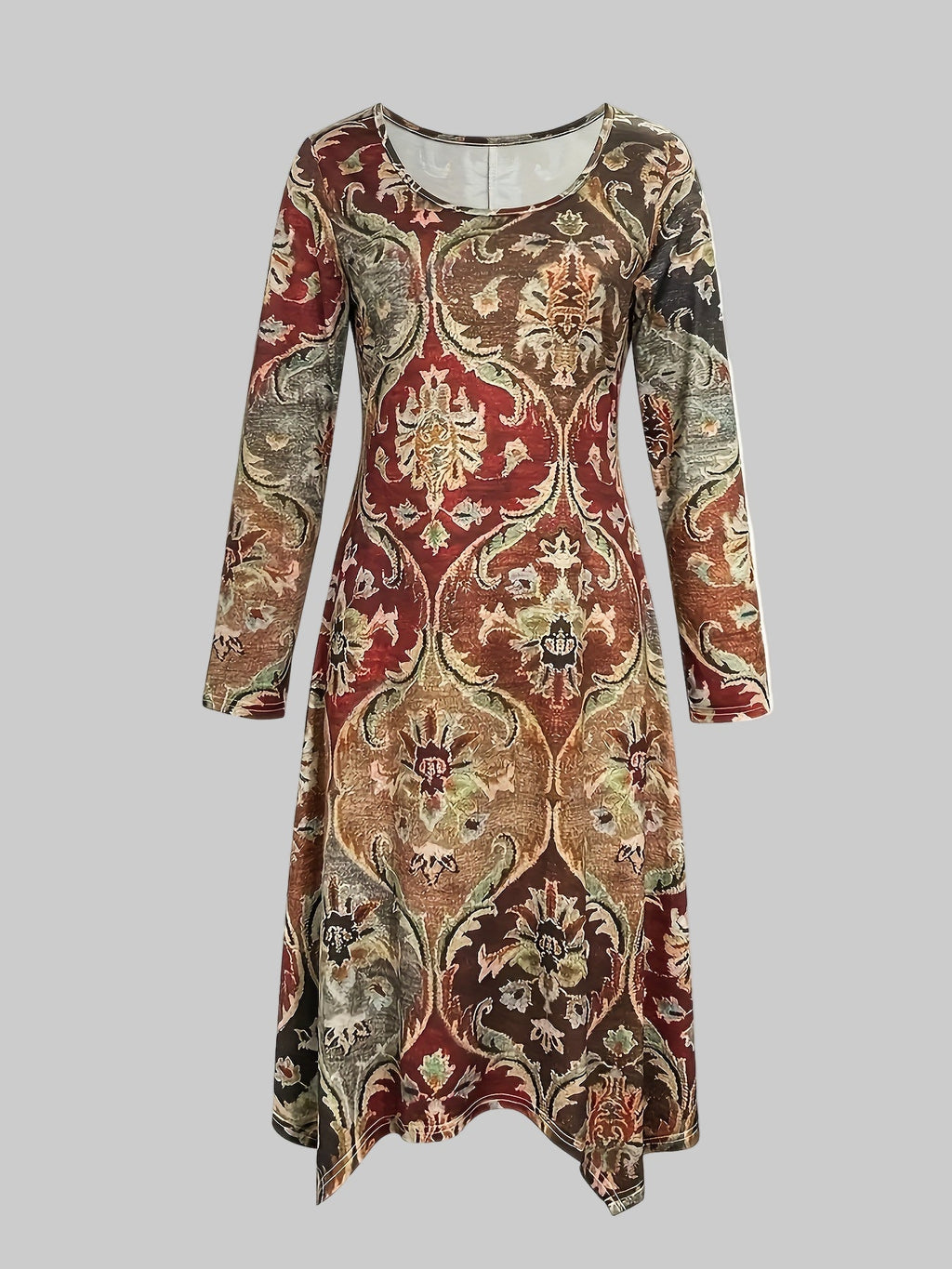 Earthy Boho Floral Print Fitted Long Sleeve Dress