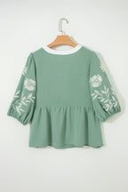 Patchwork V-Neck Embroider Puff Sleeve Babydoll Blouse