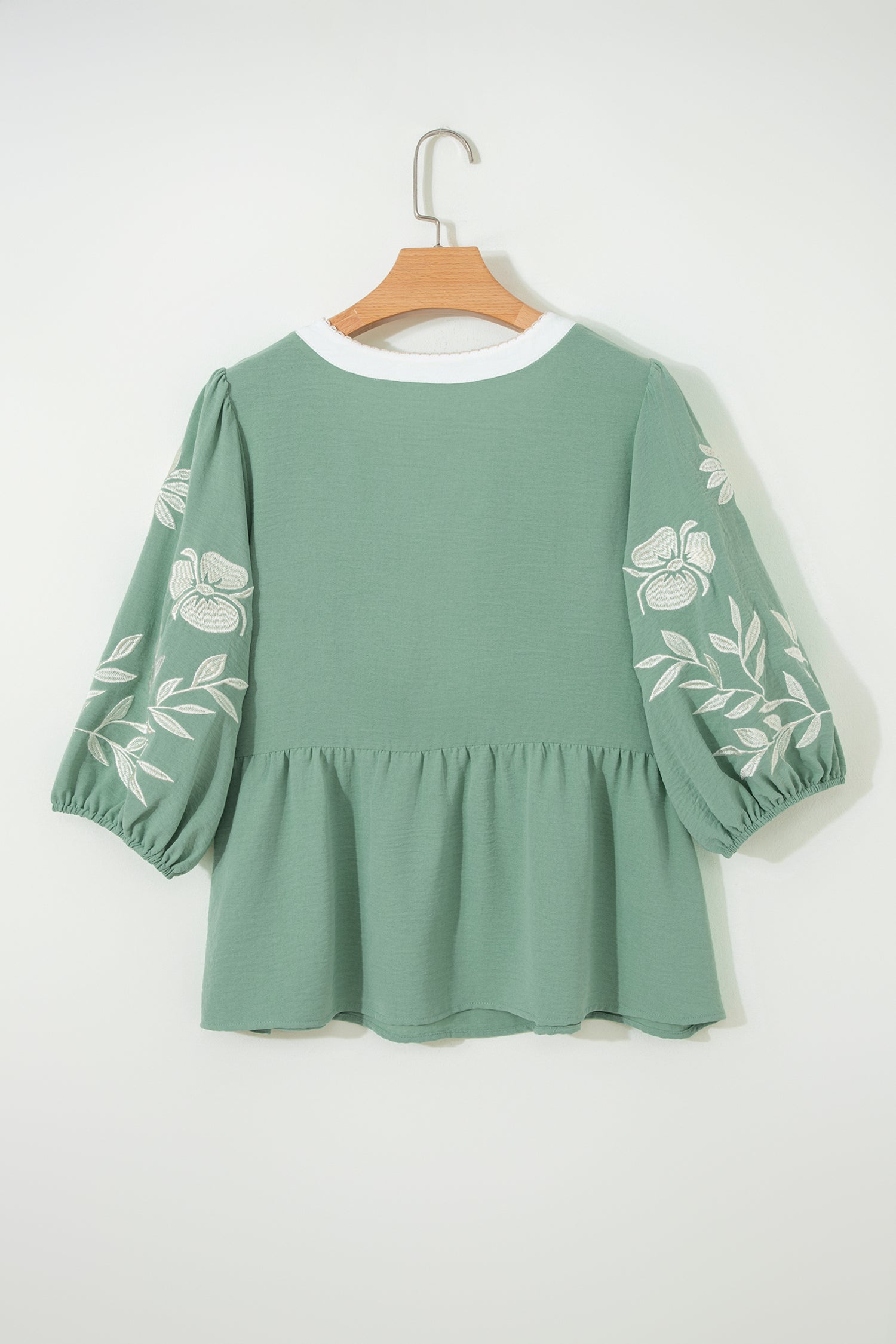 Patchwork V-Neck Embroider Puff Sleeve Babydoll Blouse