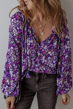 Boho Flower V-Neck Bubble Sleeve Top