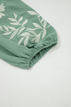 Patchwork V-Neck Embroider Puff Sleeve Babydoll Blouse