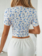 Blue Floral Lace Short Sleeve T-Shirt - Y2K Gypsy Style