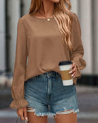 PRETTYGARDEN Ladies Blouse Khaki Pleated Ruffle Sleeve Size S