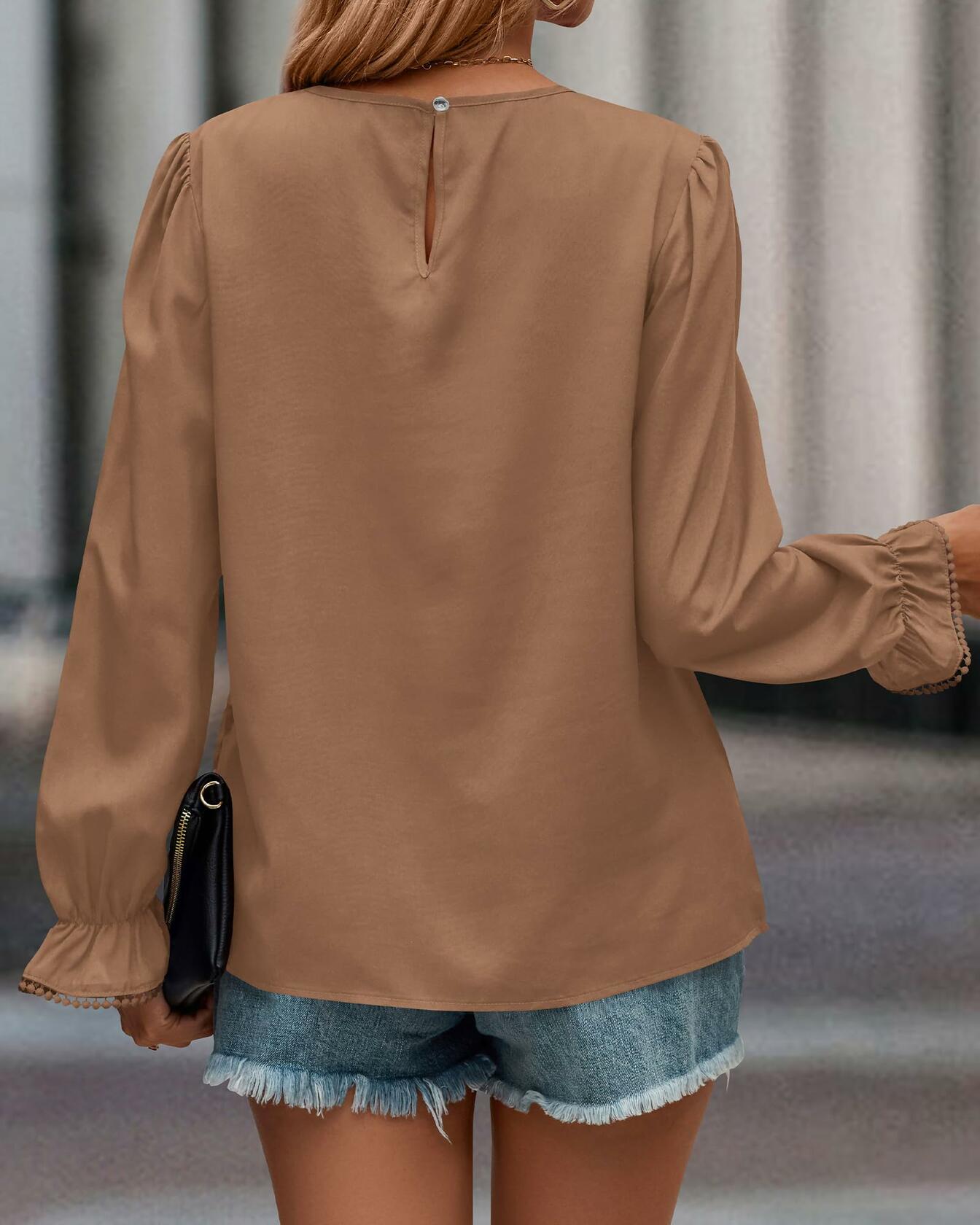 PRETTYGARDEN Ladies Blouse Khaki Pleated Ruffle Sleeve Size S